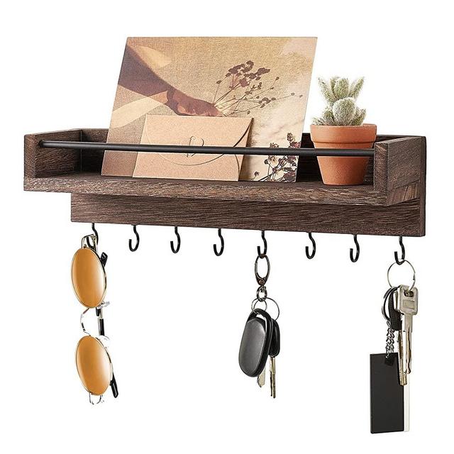 Mkono Key Holder for Wall Rustic Wood Floating Shelf with 8 Hooks Decorative Display Key Hanger for Living Room, Entryway, Bedroom, Bathroom,Office, Home Decor