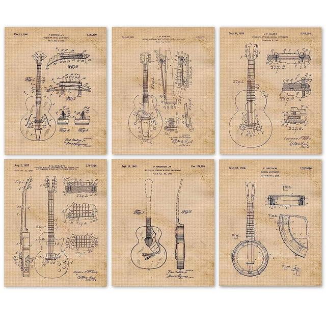 Vintage Gibson Gretsch Strings Guitars Patent Prints, 6 (8x10) Unframed Photos, Wall Art Decor Gifts Under 25 for Home Office Man Cave School College Student Teacher Garage Band Rock Music Fan