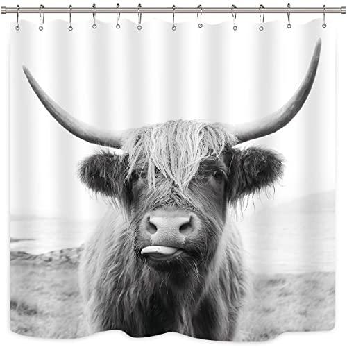 Riyidecor Bull Shower Curtain Portrait of A Highland Cow 12 Pack Metal Hooks Animal Wildlife Funny Cute Sketch Milk Waterproof Fabric Modern Fashion Polyester Bathroom Decor Set 72x72 Inch