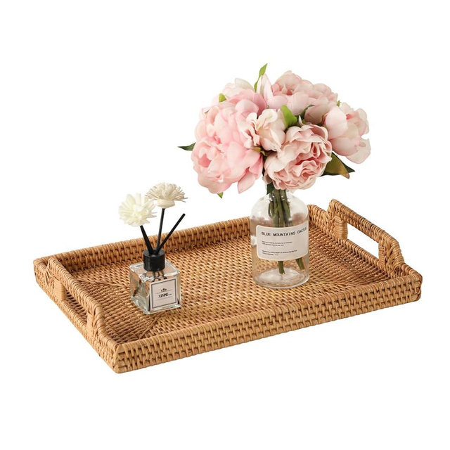 14.5'' Rattan Serving Tray Rectangle with Handles, Vintage Wicker Tray for Decor, Boho Seagrass Coffee Table Basket Tray, Hand Woven Decorative Table Tray for Kitchen, Breakfast, Bathroom, Outdoor