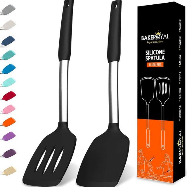 BakeRoyal Silicone Spatula Set - Turner Spatulas Silicone Heat Resistant 600°F - Slotted & Solid Silicone Spatulas for Cooking Fish, Eggs, Pancakes Flipper – Silicone Cooking Utensils Set – Black