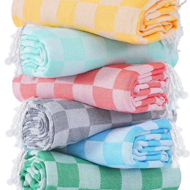 6 Packs Turkish Beach Towel Blanket Set Pool Bath Towels Bulk Multipack Travel Sand Free Quick Dry Extra Large Oversized Cute Big Cotton Soft Lightweight Compact Checkered Proof Cloud Men Women Adult