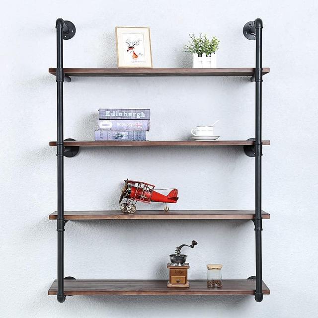 Industrial Pipe Shelving Wall Mounted,36in Rustic Metal Floating Shelves,Steampunk Real Wood Book Shelves,Wall Shelf Unit Bookshelf Hanging Wall Shelves,Farmhouse Kitchen Bar Shelving(4 Tier)