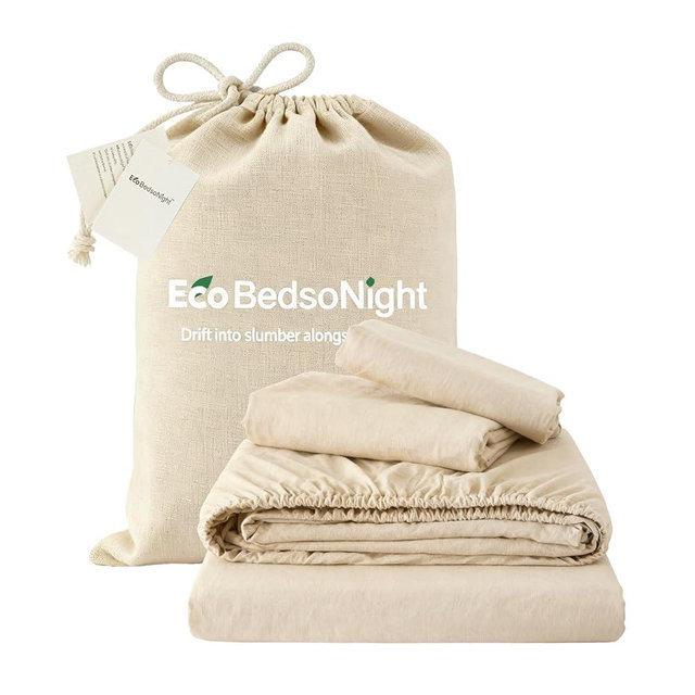 EcoBedsoNight Linen Sheets Queen Size, Cotton Linen Bed Sheets, Breathable, Durable Bed Sets 24" Extra Deep Pocket(Natural Linen)