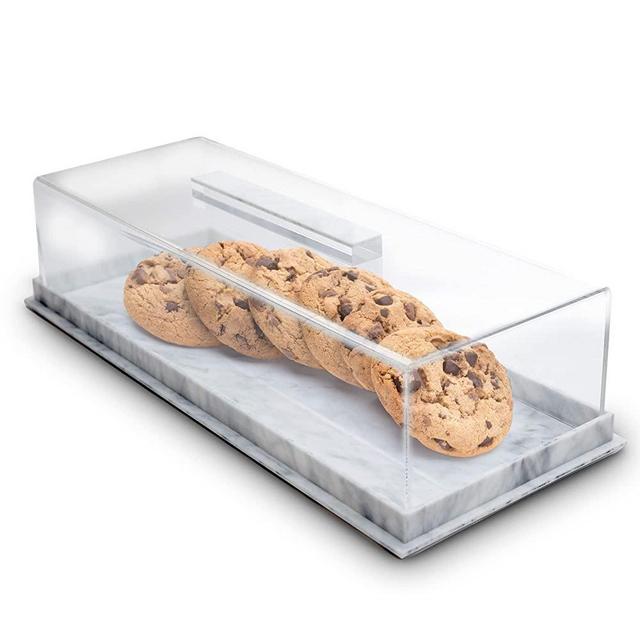 Gold Valley Rectangular Cake Tray, Cake Plate Dish with Lucite Display Cover Lid, Dessert Holder Tray, Cake Stand, Grey Marble Rectangle Cake Platter with Lucite Cover, Pastry Base