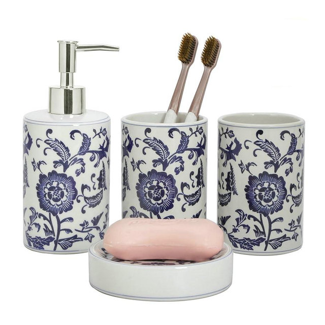 Chinese Blue and White Porcelain Bathroom Set – 4-Piece Ceramic Bath Accessory Set with Lotion Dispenser, Toothbrush Holder, Tumbler, and Soap Dish
