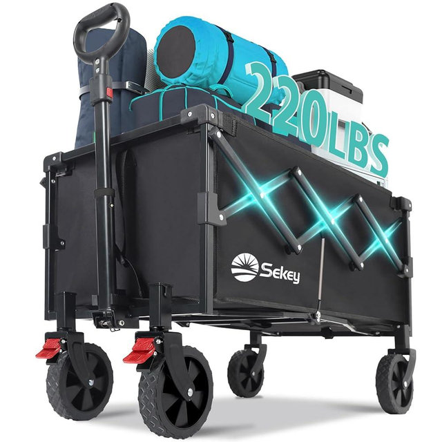 Sekey 220LBS Collapsible Wagon Heavy Duty 120L Large Capacity Foldable Wagon with All-Terrain Wheels, Lightweight Outdoor Utility Folding Cart for Camping, Sports, Garden.(Black, 1 Year Warranty)