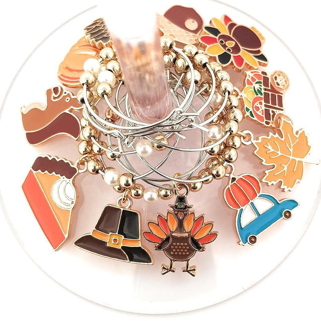 Thanksgiving Wine Charms, Halloween Wine Charms, Fall Leaf Wine Charms, Glass Tag Identifiers, Glass Markers with Pumpkin, Turkeys, and leaf wine charms For Holidays in Autumn - 12 wine charms