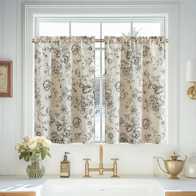 Vangao Linen Kitchen Curtains Floral Tier Drapes 36 Inch Farmhouse Botanic Cafe Curtains Small Window Drapes Rustic Half Window Treatments for Living Room Bathroom Laundry 2 Panels Black on Beige