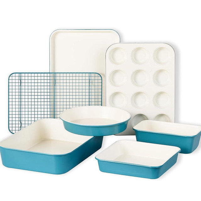 CAROTE 7-Piece Ceramic Baking Pans Set, Aluminized Steel Bakeware Sets, Toxin-Free Nonstick Stackable Oven Pans with Cookie Sheet, Muffin Pan, Loaf Pan, Roasting Pan, Cake Pans, Cooling Rack
