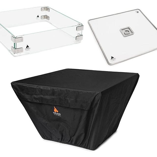 Outland Fire Table 3 Piece Square Accessory Set of Tempered Glass Lid Insert, Tempered Glass Wind Guard Fence, and UV & Water Resistant Durable Cover for 36-Inch Square Series 410 Propane Fire Tables