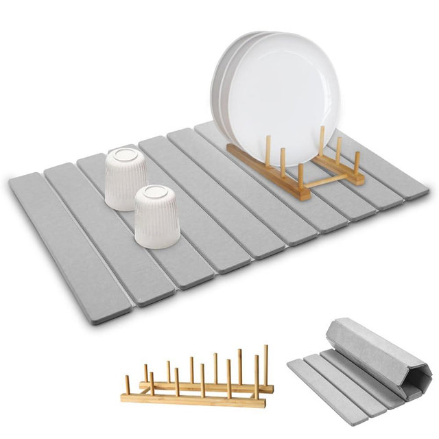 Large Stone Dish Drying Mat for Kitchen Counter,Equipped Dish Rack, Diatomaceous Earth Material, Foldable and Super Absorbent Dish Drying Pad Suitable for Tableware, Bottles and Cup (Grey, 24×16 IN)