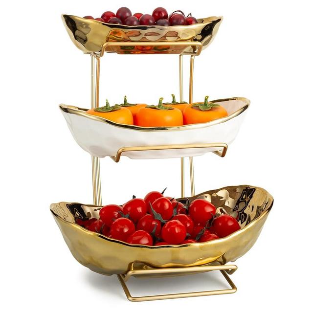 YYW 3 Tier Fruit Bowl for Kitchen Counter, White Gold Ceramic Fruit Stand for Countertop, Home Fruit Rack with Holder, Vegetable Bowl Snacks Nuts Bread Candy Storage (Gold)
