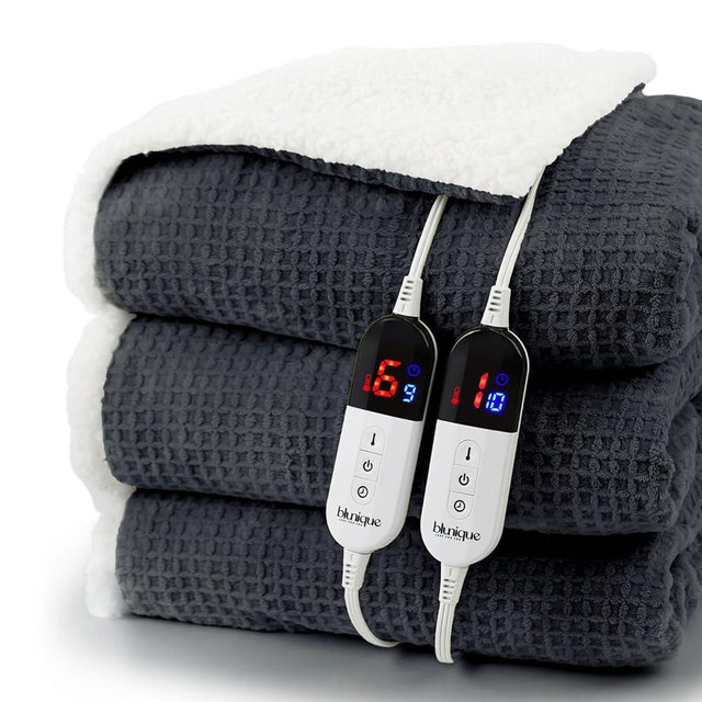 Heated Blanket Electric Blanket Queen Waffle, 84x90 Inches Dual Controllers Sherpa Fleece Fast Heating Blanket 6 Heating Levels & 10 Hours Auto Off ETL Certification, Charcoal Ash Queen
