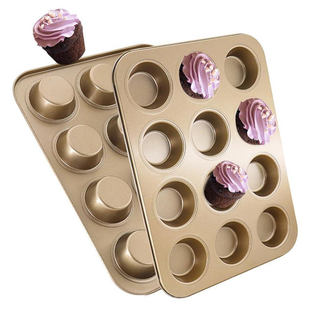 MARIWEI 2 Pack Premium Nonstick Bakeware 12-Cup, Mini Muffin Pan, Dishwasher Oven Safe(Golden, 12 Cup (2 pcs)