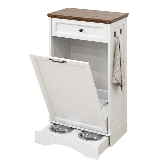 NEWOWNDS Tilt Out Trash Can Cabinet 10 Gallon Hidden Trash Garbage Can Cabinet with Drawer,Waterproof Cutting Board,Pet Proof Hidden Garbage,Pet Feeding Bowls for Kitchen,Laundry Bathroom,White