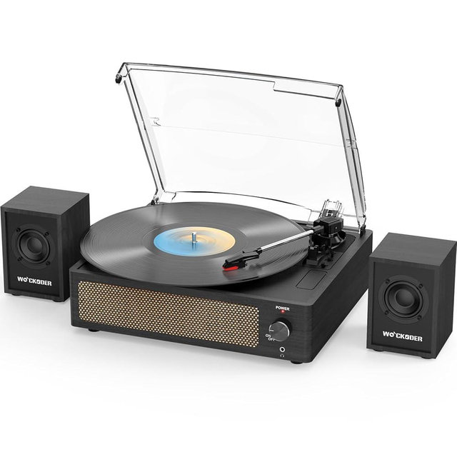 Record Player with Passive Bookshelf Speakers Belt-Drive Vintage Turntable for Vinyl Records External Dual Stereo Speakers LP Players 3 Speed Wireless AUX Headphone Input Auto Stop Retro Black Wooden