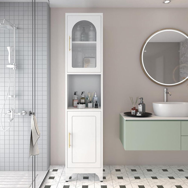 Polup 75" Tall Narrow Bathroom Storage Cabinet, Slim Cabinet with Acrylic Fluted Glass Door, Open Countertop, Adjustable Shelves, Freestanding Skinny Cabinets for Small Spaces, White,Assembly Required