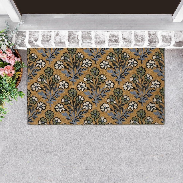 Laura Ashley Slip Resistant Pettywell Bouquet Floral Design Coir Doormat - 17.5" x 30" - Natural Fiber Mat for Entryway