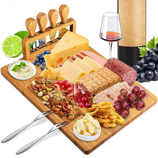 Xergur Bamboo Cheese Board Set - Charcuterie Boards and Serving Meat Platter, Cheese Tray with 4 Stainless Steel Cheese Knives Cutting Board Platter, Ideal for Halloween, Wedding, Christmas Gifts