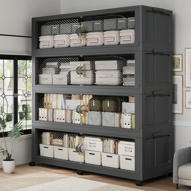 QAVAHIDUS 320Gal/1280QT 4-Tiers Extra Large Stackable Storage Bins with Lid, Collapsible Cabinet Closet Organizer Plastic Container Box with Wheels Doors Drawers for Office Dorm Kitchen, Black