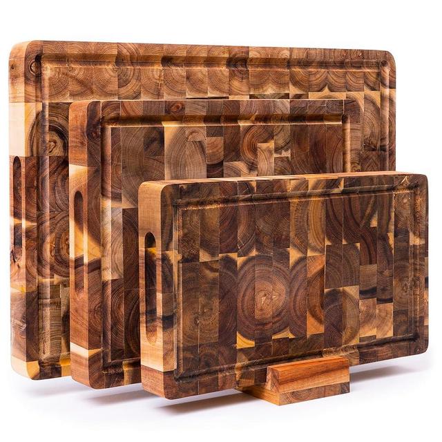 KOLWOVEN Acacia Wood Cutting Boards Set for Kitchen Set of 3 1.5 Inch Thick - Large Wooden Cutting Boards with Holder for Chopping Meat, Cheese, Fruits, and Vegetables (17x12, 12x10, 12x7 inch)