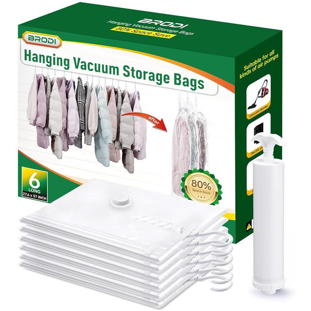 Hanging Vacuum Storage Bags For Clothes With Hand Pump,Coat Storage Bag Hanging,Vacuum Bags For Clothes,Space Saver Vacuum Storage Bags,Garment, Clothing, Dress, Suit, Long Coat, Jacket(Long 6 Pack）