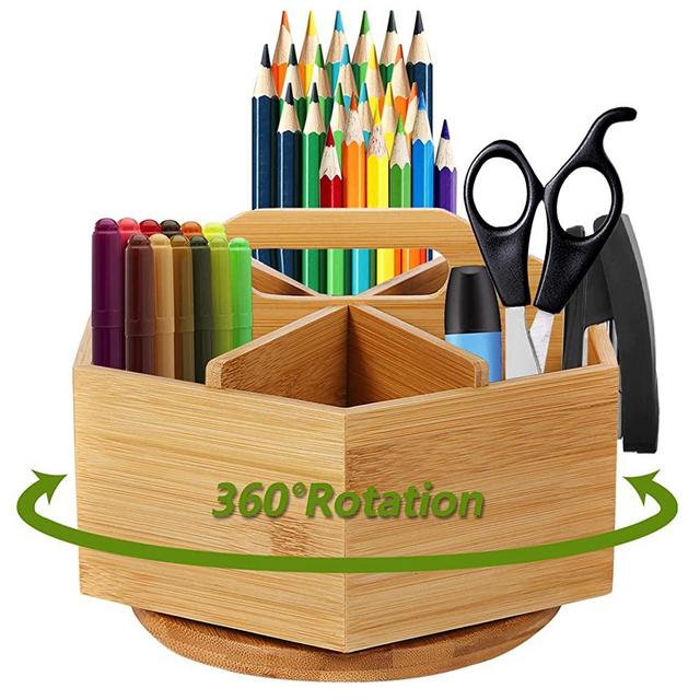 Marbrasse Bamboo Art Supply Organizer, Rotating Pencil Pen Holder with 6 Compartments, Hold 400+ Pencils , Office Supplies Desktop Storage Caddy, Like Colored Pencils, Pen, Markers, Paint Brushes