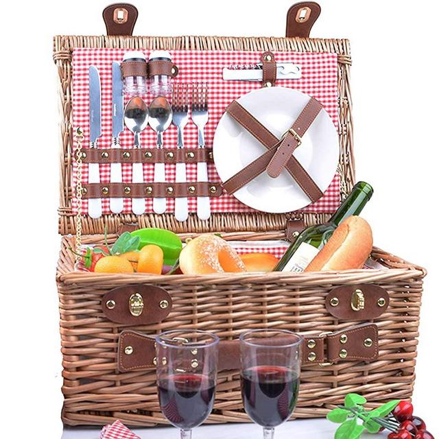 SatisInside New USA Insulated Deluxe 16Pcs Hamper Wicker Picnic Basket Set for 2 People - Reinforced Handle - Red Gingham