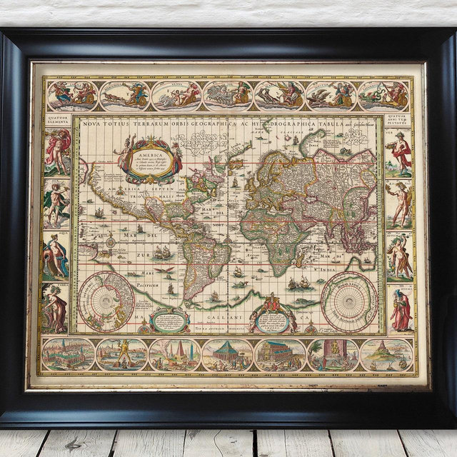 OLD WORLD Map 1635 by Willem Blaeu - World Wonders, Sea Monsters - Exceptional quality 230gsm - Framed, Unframed - FREE standard delivery