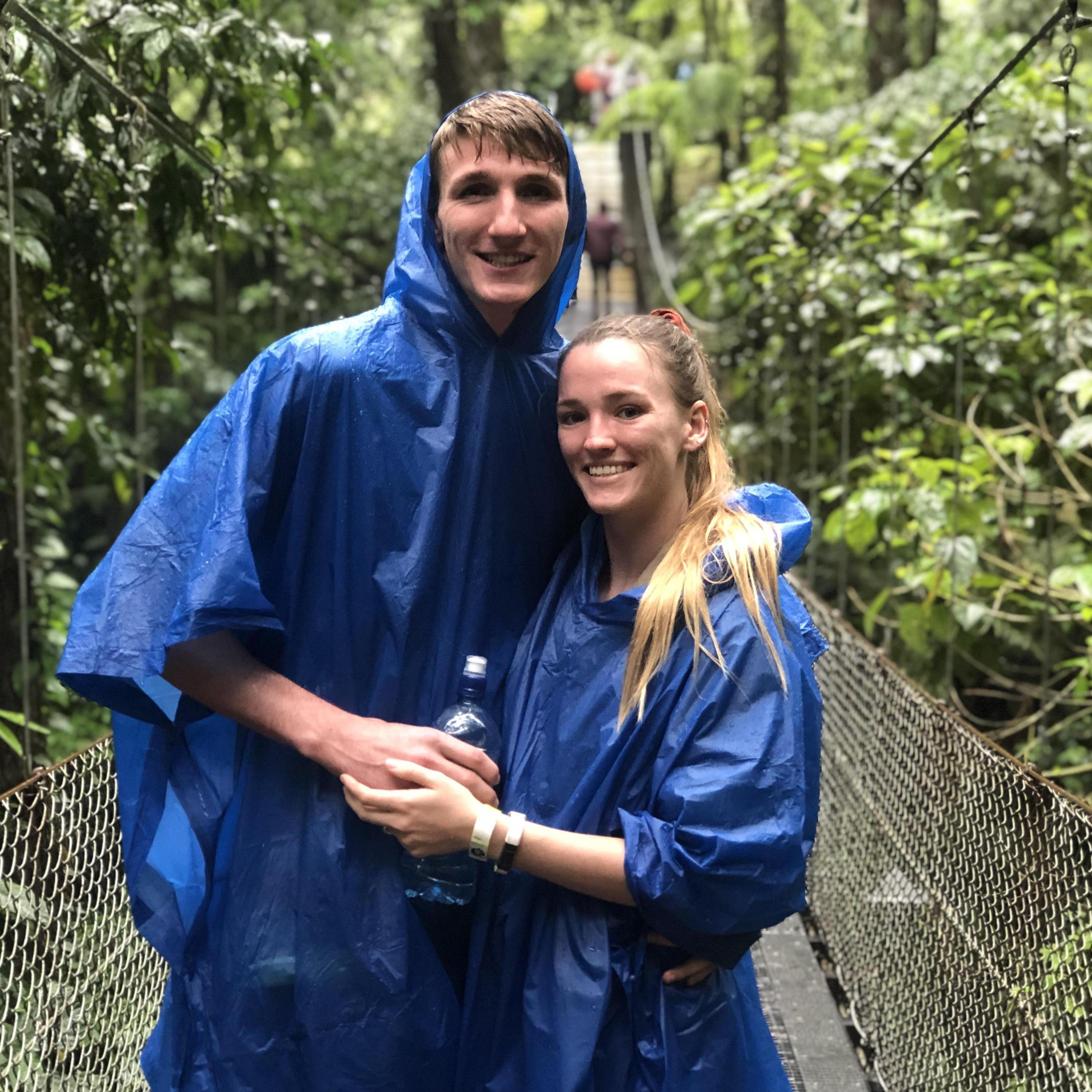 In 2019 we celebrated our fourth anniversary in Costa Rica! Here's a shot of us trekking through the rainforest. Not pictured: monkeys swinging overhead.