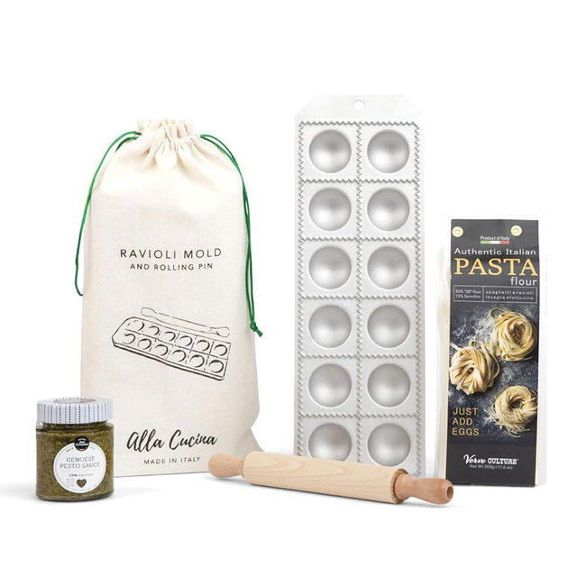 Homemade Ravioli Gift Bundle by Verve CULTURE, Pasta Kit with Ravioli Mold, Italian "00" Pasta Flour, Genovese Pesto Sauce, Gourmet Gift Set