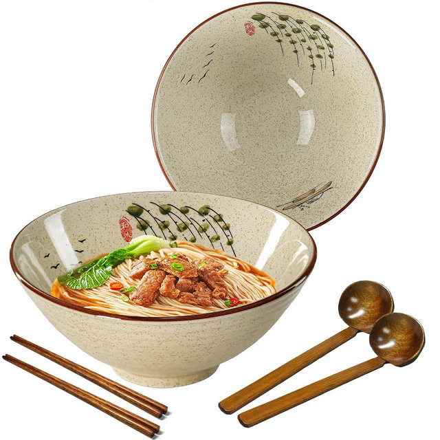 mehrido Ceramic Ramen Bowl Set, 2 Sets 34 Ounces Large Japanese Noodle Soup Bowls with Spoons and Chopsticks for Soup Udon Soba Pho Asian Noodles Pasta Salad