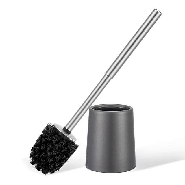 Smartbin Toilet Brush and Holder Case Coated Metal Case and Stainless Steel Handle Toilet Cleaning Brush Double Layer Holder Long Brush Handle High Density Bristles Toilet Bowl Brushes Grey