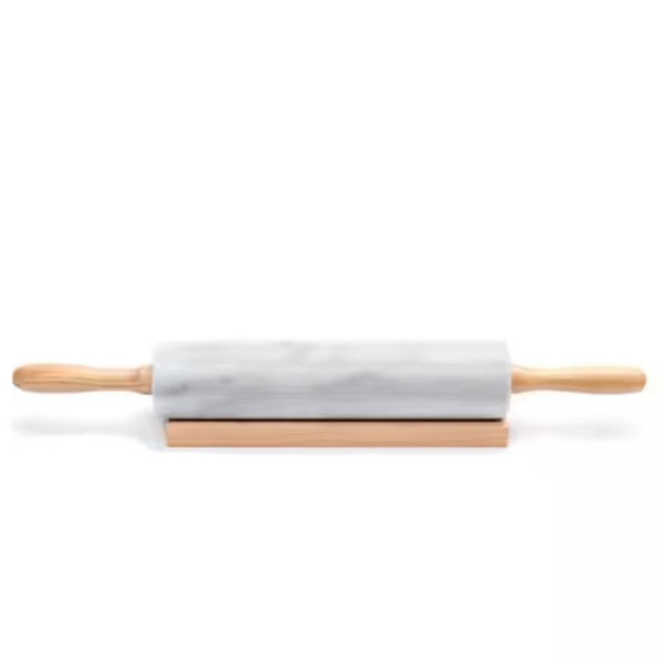Fox Run Polished Marble Rolling Pin with Wooden Cradle, 10-Inch Barrel, White