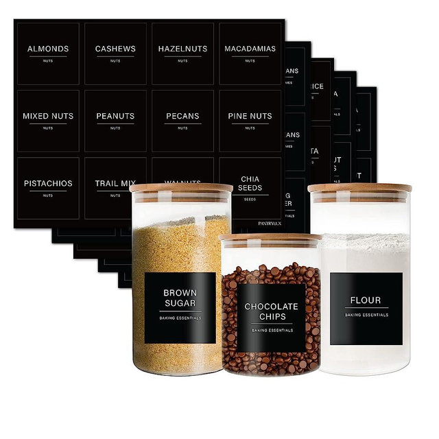 Pantrylux 166 Kitchen Pantry Labels for Food Containers, Kitchen Labels, Labels for Storage Bins, Pantry Labels for Containers, Minimalist Kitchen Pantry Labels, Food Labels - Black & White