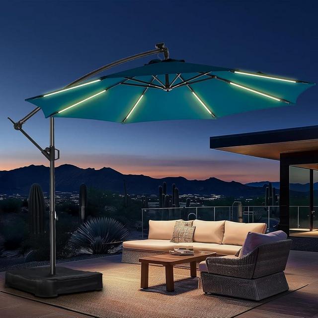 HOMSHADE 10ft Solar Lights Offset Cantilever Patio Umbrella with Light and Base, LED Lighted Offset Hanging Patio Outdoor Market Umbrella UPF50+ UV Protection with Easy Tilt and Crank
