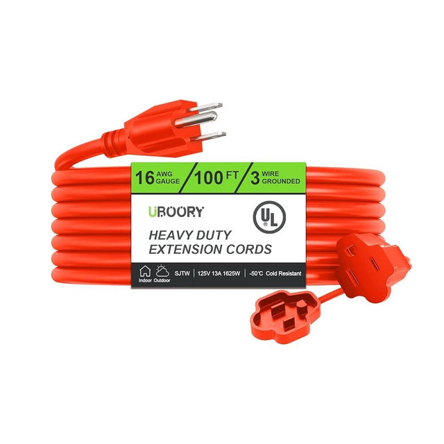 UBOORY Outdoor Extension Cord Waterproof 100 FT, Orange 16/3 SJTW Heavy Duty, Flexible 100% Copper 3 Prong Extension Cord for Lawn, Garage,UL Listed