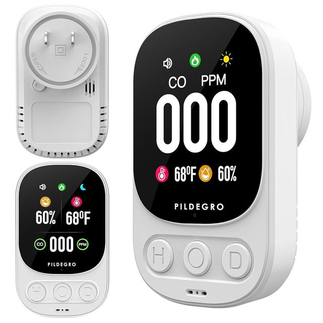 Pildegro 3-in-1 Carbon Monoxide Detector Plug in, Professional 2.1" LED Plug-and-Play Real-Time CO Monitor with Temp & RH, Premium Portable Travel CO Alarm 85dB Loud for Air Safety (White/Classic)