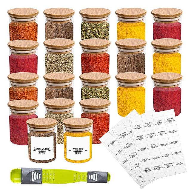 20 PCS Bamboo Spice Jars with Measuring Spoon , Spice Jar with Bamboo lid, Glass Jars with Bamboo Lids, Glass Containers with Bamboo lids, Jar with Bamboo Lids, Spice Jar with Wooden Lid