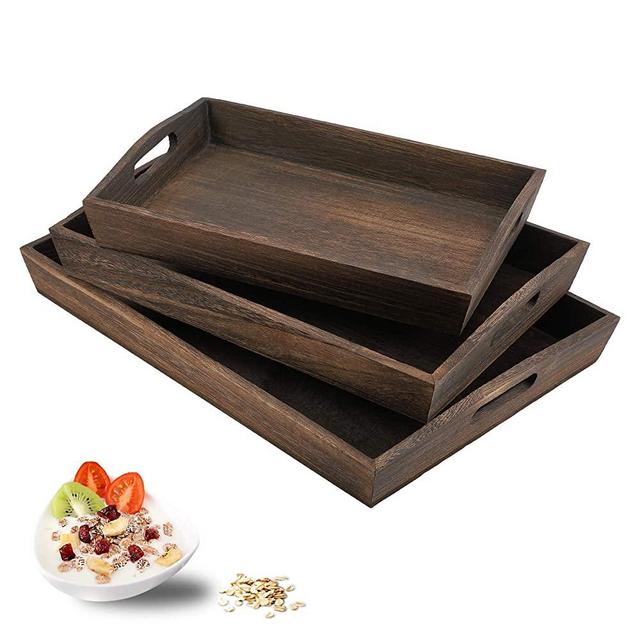 JUZI Rustic Wood Serving Tray with Handles-Set of 3(3PC Set)-Large Serving Trays for Eating, Breakfast, Party, Kitchen, Ottoman,Tea Coffee Table& Home Decor, Large Decorative Serving Trays Set