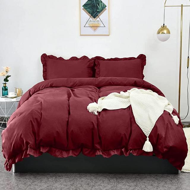 LHKIS Duvet Cover Queen, Wine Red Farmhouse Duvet Cover Set, Soft Microfiber Comforter Cover Hotel Ruffle Bedding Duvet Cover 3 Pieces