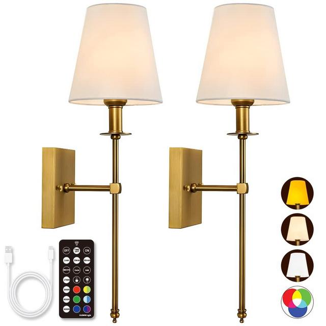 YESIE Rechargeable Batttery Operated Wall Sconces Set of Two,4 Color Temperatures,2X40W Equivalent Lamp,300Lumen Detachable Charging Light Bulb,Remote Control,Dimmer,Timer,White Shade, Non-Hardwired