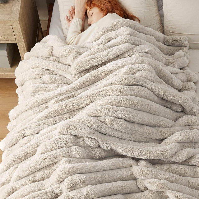 Bedsure Faux Fur Twin Blanket for Bed - Ultra GentleSoft & Fluffy, Fuzzy Luxury for Couch and Sofa, Thick and Warm Blankets for Winter, Cozy Striped Decorative Gift for Women, Oatmeal, 60x80 Inches