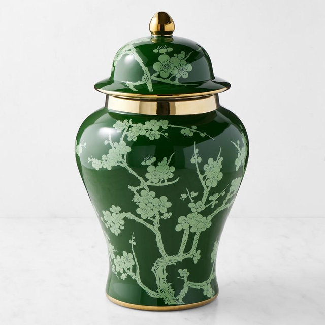 Green Ginger Jar, Cherry Blossom, 13.5"