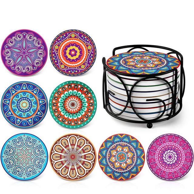 Absorbing Stone Mandala Coasters for Drinks by Teivio - Cork Base, with Holder, Unique Present for Friends, Men, Women, Funny Birthday Housewarming Gifts, Apartment Kitchen Room Bar Decor, Set of 8
