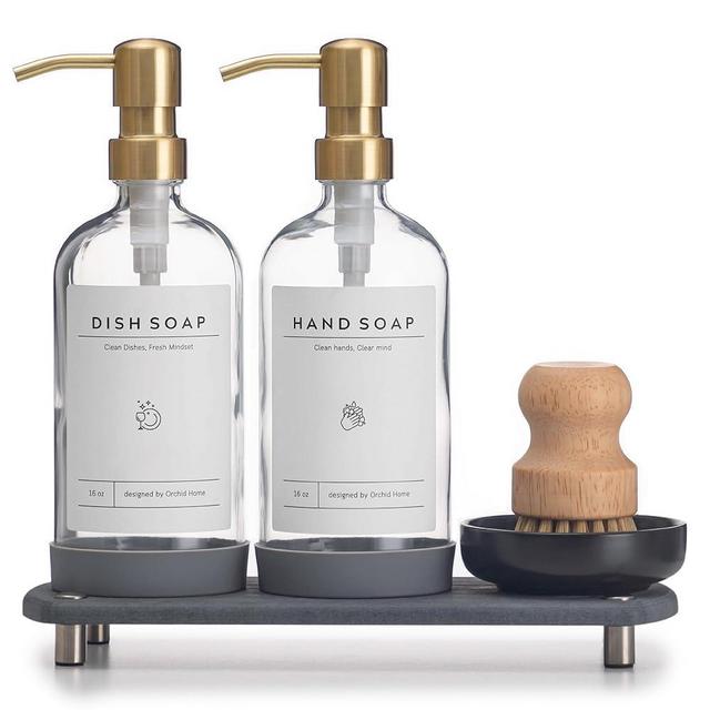 [Luxury] Kitchen Soap Dispenser Set - 16OZ Clear Glass Bottle, Stainless Steel Pump, Instant Dry Tray, Waterproof Labels, Non-Slip Silicone Pad, and Dish Brush | Upgrade for Your Kitchen and Bathroom