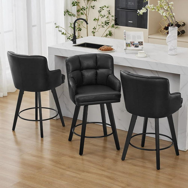SAECKBERG 360°Swivel Counter Height Bar Stools with Back, 26 inch Solid Wood Legs, Bar Stool Modern Kitchen Island Chairs, Faux Leather (Black- Faux Leather, 26" H- Set of 3)
