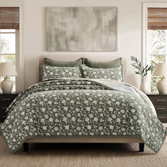 EverGrace Cotton Quilt Set King Size, 100% Cotton Reversible Lightweight Bedspread Coverlet, Vintage Floral Farmhouse Bedding, Traditional Botanical Quilt with 2 Pillow Shams, Sage Green 108"×96"