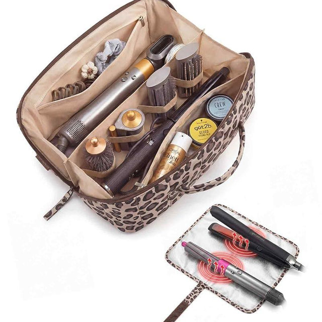 BAGSMART Hair Tool Organizer Travel Bag Compatible with Dyson Airwrap, Shark Hair Dryer, Wide-open Accessories Organizer with Heat Resistant Mat, Makeup Bag for Dyson Attachments, Curling Iron,Leopard